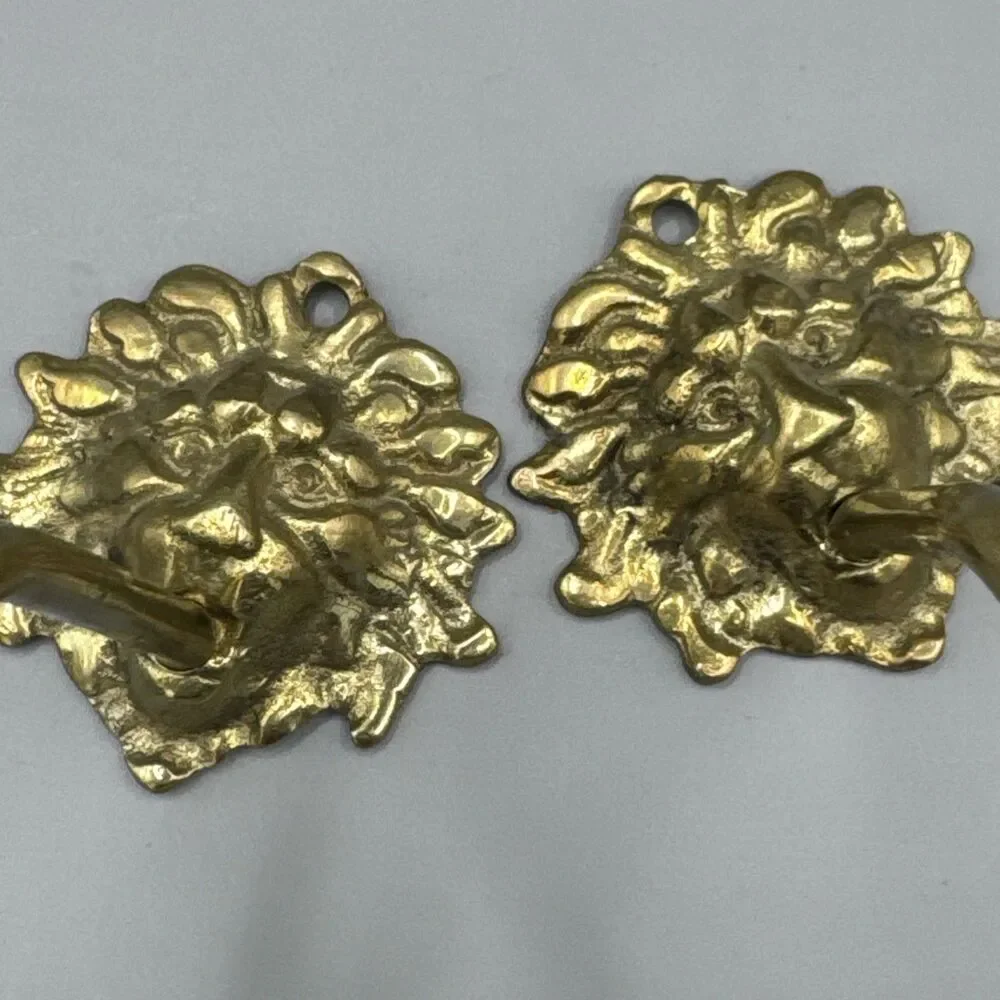 Vintage Brass Lion Head Curtain Holdbacks Tiebacks Wall Hooks Pair Mid Century